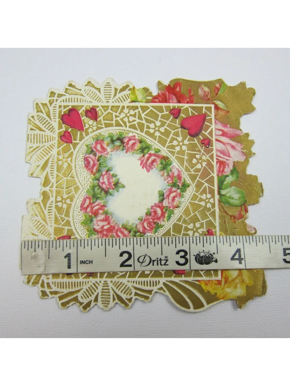 Vintage Valentine Card Gold Die cut Bifold Pink & Yellow Roses Red Hearts Bells